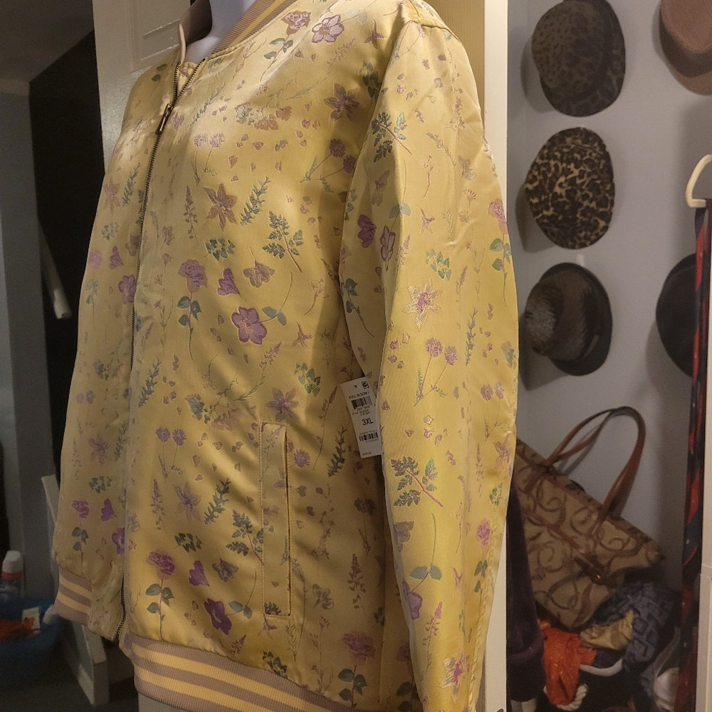 INC Yellow floral Sateen Bomber Jacket. sz.3XL - Picture 3 of 6